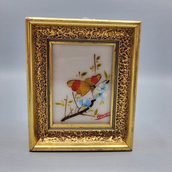 Verilyn Gallery Spain Signed Art Hand Painted Butterfly Flowers Gold Frame 3x4 - Picture 1 of 13